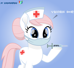 Size: 3000x2766 | Tagged: safe, artist:keronianniroro, imported from derpibooru, nurse redheart, earth pony, pony, coronavirus, covid-19, face mask, female, looking at you, mask, movie accurate, pandemic, signature, syringe, vaccination