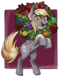 Size: 2033x2588 | Tagged: safe, artist:taytinabelle, imported from derpibooru, derpy hooves, pegasus, pony, belly button, chest fluff, christmas, christmas wreath, cute, dock, ear fluff, female, fluffy, happy, holiday, looking at you, mare, raised hoof, rearing, silly, smiling, solo, unshorn fetlocks, wreath