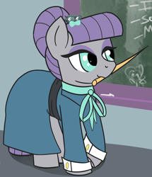 Size: 1652x1918 | Tagged: safe, artist:wallswallswalls, imported from derpibooru, boulder (pet), maud pie, earth pony, pony, alternate hairstyle, boulder (g4), bowtie, clothes, glasses, hair bun, mouth hold, solo, teacher