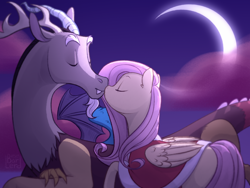 Size: 1920x1447 | Tagged: safe, artist:barlerd, imported from derpibooru, discord, fluttershy, draconequus, pegasus, pony, clothes, cloud, coat, crescent moon, cute, discoshy, eyes closed, female, folded wings, kissing, male, mare, moon, night, outdoors, shipping, straight, wings