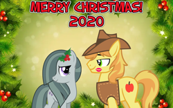 Size: 2064x1289 | Tagged: safe, anonymous artist, imported from derpibooru, braeburn, marble pie, earth pony, braeble, cheek kiss, christmas, female, flower, flower in hair, hearth's warming, holiday, holly, kiss mark, kiss on the cheek, kissing, lipstick, looking at each other, lyrics in the description, male, mistletoe, romance, shipping, smiling, straight, youtube link, youtube link in the description