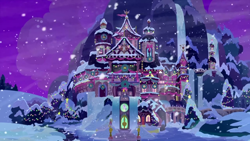 Size: 1280x720 | Tagged: safe, imported from derpibooru, screencap, mystery voice, background, night, no pony, ponyville, scenic ponyville, school of friendship, snow