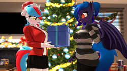 Size: 1920x1080 | Tagged: safe, artist:anthroponiessfm, imported from derpibooru, oc, oc:audina puzzle, oc:wavelength, anthro, bat pony, unicorn, 3d, bat pony oc, bat wings, christmas, christmas gift, christmas tree, clothes, cute, glasses, hat, holiday, horn, looking at each other, santa hat, skirt, source filmmaker, sweater, tree, unicorn oc, wings