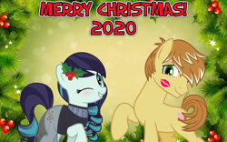 Size: 2064x1289 | Tagged: safe, anonymous artist, imported from derpibooru, coloratura, feather bangs, earth pony, all i want for christmas is you, blushing, cheek kiss, christmas, colorabangs, female, flower, flower in hair, hearth's warming, holiday, holly, kiss mark, kiss on the cheek, kissing, lipstick, lyrics in the description, male, mistletoe, one eye closed, shipping, smiling, song reference, straight, wink, youtube link, youtube link in the description
