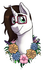 Size: 1280x2120 | Tagged: safe, artist:verikoira, imported from derpibooru, oc, oc only, pony, unicorn, bust, flower, glasses, looking at you, male, simple background, solo, stallion, transparent background