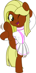 Size: 2504x5000 | Tagged: safe, artist:jhayarr23, imported from derpibooru, part of a set, oc, oc only, oc:xocolatl, earth pony, pony, balancing, bipedal, cheerleader, cheerleader outfit, clothes, commission, cute, female, holding, holding leg, mare, one eye closed, simple background, solo, standing, standing on one leg, transparent background, ych result