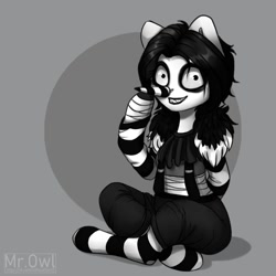 Size: 1080x1080 | Tagged: dead source, safe, artist:misterowluvu, imported from derpibooru, oc, anthro, earth pony, unguligrade anthro, abstract background, bandage, clothes, crossed legs, earth pony oc, grin, mime, sitting, smiling, socks, striped socks