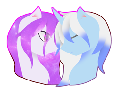 Size: 2620x2072 | Tagged: safe, artist:riariirii2, imported from derpibooru, oc, oc only, earth pony, pony, unicorn, bust, duo, earth pony oc, ethereal mane, eyes closed, galaxy mane, horn, simple background, transparent background, unicorn oc