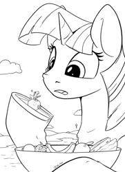 Size: 1447x2000 | Tagged: safe, artist:tsitra360, imported from derpibooru, twilight sparkle, pony, banana, bowl, context is for the weak, cross-popping veins, fall guys, female, food, fruit, hoof hold, lineart, macro, mare, micro, monochrome, solo