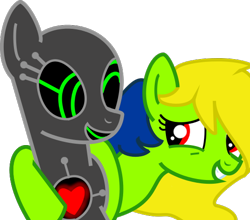 Size: 538x473 | Tagged: safe, artist:amgiwolf, imported from derpibooru, oc, oc only, oc:viexy ams, earth pony, pony, robot, robot pony, bust, duo, earth pony oc, eyelashes, female, grin, hug, mare, simple background, smiling, transparent background