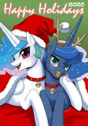 Size: 1100x1578 | Tagged: safe, artist:johnjoseco, imported from derpibooru, princess celestia, princess luna, alicorn, pony, antlers, bell, bell collar, christmas, collar, cute, duo, female, hat, holiday, looking at you, lying down, mare, open mouth, prone, reindeer antlers, royal sisters, santa hat, siblings, sisters, smiling