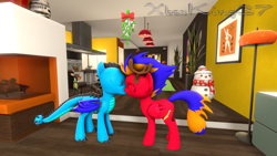 Size: 1280x720 | Tagged: safe, artist:xboxking37, imported from derpibooru, oc, oc:divine zeal, oc:flaming moon, hybrid, original species, pegasus, pony, 3d, christmas, hearth's warming, holiday, kissing, mistletoe, oc x oc, shipping, snowman, story included