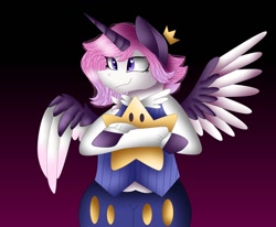 Size: 1080x892 | Tagged: safe, artist:rxndxm.artist, imported from derpibooru, oc, oc only, alicorn, anthro, alicorn oc, clothes, crown, gradient background, horn, hug, jewelry, plushie, regalia, smiling, stars, two toned wings, wings