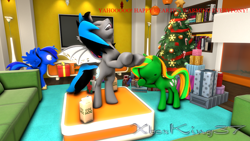 Size: 1280x720 | Tagged: safe, artist:xboxking37, imported from derpibooru, oc, oc:midnightstar, oc:radiantaura, bat pony, earth pony, 3d, christmas, christmas tree, dissapoint, drunk, eggnog, hearth's warming, holiday, present, spiked drink, tree