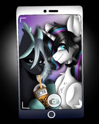 Size: 749x938 | Tagged: safe, alternate version, artist:cryinmushroom, artist:rxndxm.artist, imported from derpibooru, oc, oc only, oc:shooting star, pony, unicorn, black sclera, bust, cellphone, collaboration, drinking, female, horn, mare, phone, phone screen, selfie, smartphone, smiling, underhoof, unicorn oc