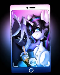 Size: 750x937 | Tagged: safe, alternate version, artist:cryinmushroom, artist:rxndxm.artist, imported from derpibooru, oc, oc only, oc:shooting star, pony, unicorn, black sclera, bust, cellphone, collaboration, drinking, female, horn, mare, phone, phone screen, selfie, smartphone, smiling, underhoof, unicorn oc