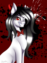 Size: 1200x1600 | Tagged: safe, artist:minelvi, imported from derpibooru, oc, oc only, earth pony, pony, abstract background, bow, bowtie, earth pony oc, eyelashes, grin, hair bow, one eye closed, smiling, solo, wink