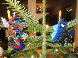 Size: 1024x768 | Tagged: safe, alternate version, artist:malte279, imported from derpibooru, princess celestia, princess luna, christmas, christmas lights, christmas tree, craft, hearth's warming eve, holiday, metal foil, relief, tree