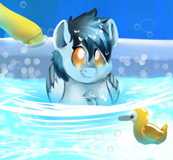 Size: 978x909 | Tagged: source needed, safe, artist:brainiac, imported from derpibooru, spitfire, oc, oc only, oc:concorde, pegasus, pony, bath time, bathtime, cute, female, filly, foal, lineless, mare, nonbinary, ocbetes, offspring, parent:soarin', parent:spitfire, parents:soarinfire, rubber duck, solo, sweet dreams fuel