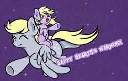 Size: 2920x1864 | Tagged: safe, artist:dinkyuniverse, imported from derpibooru, derpy hooves, dinky hooves, pegasus, pony, unicorn, dinky riding derpy, equestria's best daughter, equestria's best mother, family, female, filly, flying, foal, happy, hearth's warming, hearth's warming eve, holiday, mare, night, ponies riding ponies, riding, smiling, snow, talking to viewer, winter