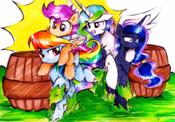 Size: 1069x748 | Tagged: safe, artist:liaaqila, imported from derpibooru, princess celestia, princess luna, rainbow dash, scootaloo, alicorn, pegasus, pony, barrel, competition, female, filly, ponies riding ponies, race, riding, royal sisters, scootaloo riding rainbow dash, scootalove, sisters, slime, traditional art