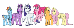 Size: 6480x2436 | Tagged: safe, artist:verikoira, imported from derpibooru, applejack, fluttershy, pinkie pie, rainbow dash, rarity, twilight sparkle, alicorn, earth pony, pegasus, pony, unicorn, female, mane six, mare, simple background, twilight sparkle (alicorn), white background