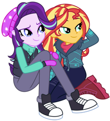 Size: 1024x1134 | Tagged: safe, artist:emeraldblast63, imported from derpibooru, starlight glimmer, sunset shimmer, equestria girls, equestria girls series, holidays unwrapped, spoiler:eqg series (season 2), beanie, clothes, converse, duo, hat, jacket, shoes, simple background, sitting, smiling, snow, transparent background, winter, winter jacket, winter outfit
