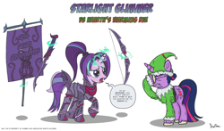Size: 2196x1287 | Tagged: safe, artist:perfectblue97, imported from derpibooru, starlight glimmer, twilight sparkle, alicorn, dark elf, elf, pony, unicorn, arson murder and jaywalking, banner, bow (weapon), christmas, duo, elf costume, facehoof, fantasy, fantasy class, female, glowing horn, hearth's warming eve, holiday, horn, magic, mare, misspelling, speech bubble, sword, telekinesis, twilight sparkle (alicorn), warhammer (game), warhammer fantasy, weapon