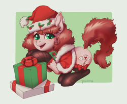 Size: 4000x3256 | Tagged: safe, artist:taytinabelle, derpibooru exclusive, imported from derpibooru, oc, oc only, oc:harmony hugs, earth pony, pony, butt freckles, cape, capelet, christmas, clothes, cute, dock, ear fluff, female, fishnet clothing, fishnets, freckles, happy, hat, holiday, looking at you, mare, neck bow, present, raised tail, rearing, santa hat, secret santa, simple background, smiling, socks, solo, stockings, tail, thigh highs