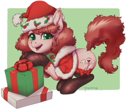 Size: 3416x2952 | Tagged: safe, artist:taytinabelle, derpibooru exclusive, imported from derpibooru, oc, oc only, oc:harmony hugs, earth pony, pony, butt freckles, cape, capelet, christmas, clothes, cute, dock, ear fluff, female, fishnet clothing, fishnets, freckles, happy, hat, holiday, looking at you, mare, neck bow, present, raised tail, rearing, santa hat, secret santa, simple background, smiling, socks, solo, stockings, tail, thigh highs, transparent background