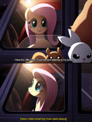 Size: 825x1087 | Tagged: safe, artist:ruhje, imported from ponybooru, angel bunny, fluttershy, pegasus, pony, rabbit, squirrel, animal, car, female, heavy metal, monsters university, text, trio