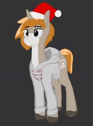 Size: 2000x2700 | Tagged: safe, artist:expression2, oc, oc only, oc:itu, pony, unicorn, christmas, clothes, die hard, gray background, hat, holiday, hoodie, horn, male, santa hat, simple background, solo, stallion