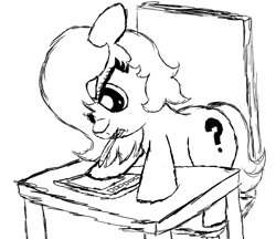 Size: 734x633 | Tagged: artist needed, source needed, safe, oc, oc:filly anon, earth pony, pony, chair, desk, drawing, drawing tablet, female, filly, mouth hold, pencil, sketch