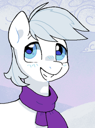 Size: 410x549 | Tagged: artist needed, source needed, safe, double diamond, earth pony, pony, blushing, clothes, cloud, looking offscreen, male, scarf, smiling, solo, stallion