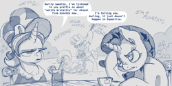 Size: 4000x2000 | Tagged: source needed, safe, artist:dilarus, deleted from derpibooru, edit, cookie crumbles, rarity, oc, earth pony, pony, unicorn, meet-the-pones, antifa, dialogue, digital art, drink, female, food, ignoring, male, mare, mouthpiece, nightstick, oblivious, politics, signature, stallion, sunglasses, tea, teabag, violence, willful ignorance, zebra lives matter