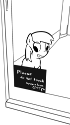 Size: 1080x1920 | Tagged: artist needed, source needed, safe, oc, oc only, pony, cross-eyed, do not touch, female, glass, japanese horse, mare, monochrome, sign, sketch, solo, text, tongue out