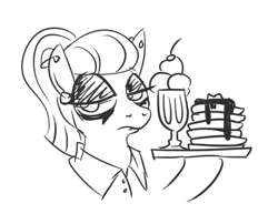 Size: 462x357 | Tagged: source needed, safe, artist:jargon scott, oc, oc only, oc:nada phase, earth pony, pony, black and white, clothes, ear piercing, eyeshadow, female, food, goth, grayscale, lidded eyes, makeup, mare, monochrome, pancakes, piercing, shirt, simple background, solo, sundae, white background