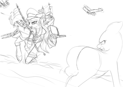 Size: 4960x3508 | Tagged: safe, artist:anonymous, pony, angry, battleship ponies, biplanes, bismark, female, fight, gun, macro, mare, plane, sketch, weapon, wip