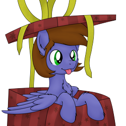 Size: 3216x3216 | Tagged: safe, artist:djdavid98, imported from derpibooru, oc, oc only, oc:peeps, pegasus, pony, :p, box, cheek fluff, chest fluff, ear fluff, folded wings, gift art, gift box, high res, hoof fluff, hooves, male, pony in a box, present, secret santa, simple background, soft shading, solo, stallion, tongue out, transparent background, wings