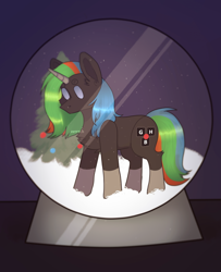 Size: 1920x2363 | Tagged: safe, artist:zerrrch, imported from derpibooru, oc, oc:thinkpony, pony, unicorn, christmas, christmas tree, commission, female, holiday, mare, snow, snow globe, tree, ych result, your character here