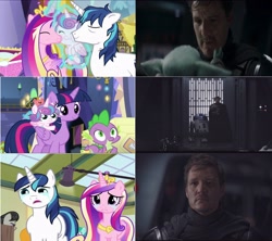 Size: 3348x2976 | Tagged: safe, imported from derpibooru, screencap, princess cadance, princess flurry heart, shining armor, spike, twilight sparkle, alicorn, human, a flurry of emotions, comparison, din djarin, grogu, irl, irl human, luke skywalker, photo, r2-d2, spoilers for another series, star wars, the mandalorian, twilight sparkle (alicorn)