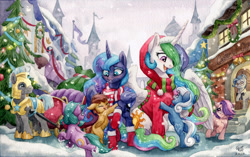 Size: 1024x643 | Tagged: safe, artist:the-wizard-of-art, imported from derpibooru, princess celestia, princess luna, oc, alicorn, earth pony, pegasus, unicorn, blushing, canterlot, canterlot castle, christmas, christmas tree, female, filly, holiday, male, mare, orphanage, orphans, royal guard, santa sack, snow, snowfall, stallion, traditional art, tree, watercolor painting