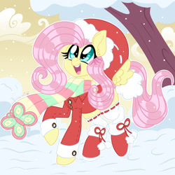 Size: 1280x1280 | Tagged: safe, artist:ladylullabystar, imported from derpibooru, fluttershy, pegasus, pony, boots, christmas, clothes, cute, female, floating wings, hat, holiday, mare, open mouth, santa hat, scarf, shoes, shyabetes, snow, socks, solo, sweater, wingding eyes, wings, winter