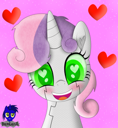 Size: 3840x4154 | Tagged: safe, artist:damlanil, imported from derpibooru, sweetie belle, android, pony, robot, unicorn, blushing, cute, diasweetes, female, filly, floating heart, glowing eyes, happy, heart, heart eyes, horn, looking at you, mare, open mouth, pink background, simple background, smiling, sweetie bot, vector, weapons-grade cute, wingding eyes