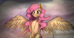 Size: 1024x534 | Tagged: safe, artist:xfireflamex, imported from derpibooru, fluttershy, pegasus, pony, bust, eyelashes, female, flying, hooves to the chest, looking at you, mare, sky background, smiling, solo, spread wings, stray strand, three quarter view, wings
