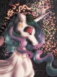 Size: 2448x3264 | Tagged: safe, artist:princessrosemcmitten, imported from derpibooru, princess celestia, alicorn, pony, abstract background, bust, candy, candy cane, christmas, ear piercing, earring, female, festive, food, hat, holiday, jewelry, lidded eyes, mare, necklace, piercing, portrait, santa hat, smiling, snowman, solo