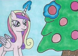 Size: 346x249 | Tagged: safe, artist:bluewolf-2020, imported from derpibooru, princess cadance, alicorn, pony, christmas, christmas decoration, christmas tree, decorating, holiday, looking down, solo, traditional art, tree