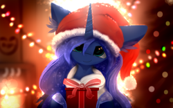 Size: 2560x1600 | Tagged: safe, artist:ssnerdy, imported from derpibooru, princess luna, alicorn, pony, christmas, christmas gift, christmas lights, christmas tree, cute, female, hat, holiday, looking at you, lunabetes, mare, present, santa hat, smiling, solo, tree