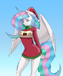 Size: 1100x1320 | Tagged: safe, artist:baron engel, imported from derpibooru, imported from ponybooru, princess celestia, alicorn, anthro, bottomless, breasts, busty princess celestia, cake, christmas, clothes, food, hat, holiday, looking at you, partial nudity, praise the sun, santa hat, smiling, solo, stupid sexy celestia, sweater