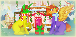 Size: 3632x1760 | Tagged: safe, artist:doraeartdreams-aspy, edit, imported from derpibooru, oc, oc:aspen, oc:ryan, alicorn, unicorn, alicorn oc, base used, bodysuit, bow, catsuit, clothes, couple, duo, eyes closed, female, happy, hearth's warming eve, hippie, horn, jewelry, male, necklace, peace suit, peace symbol, ponyville, present, romantic, rubber suit, scarf, straight, unicorn oc, wings, winter